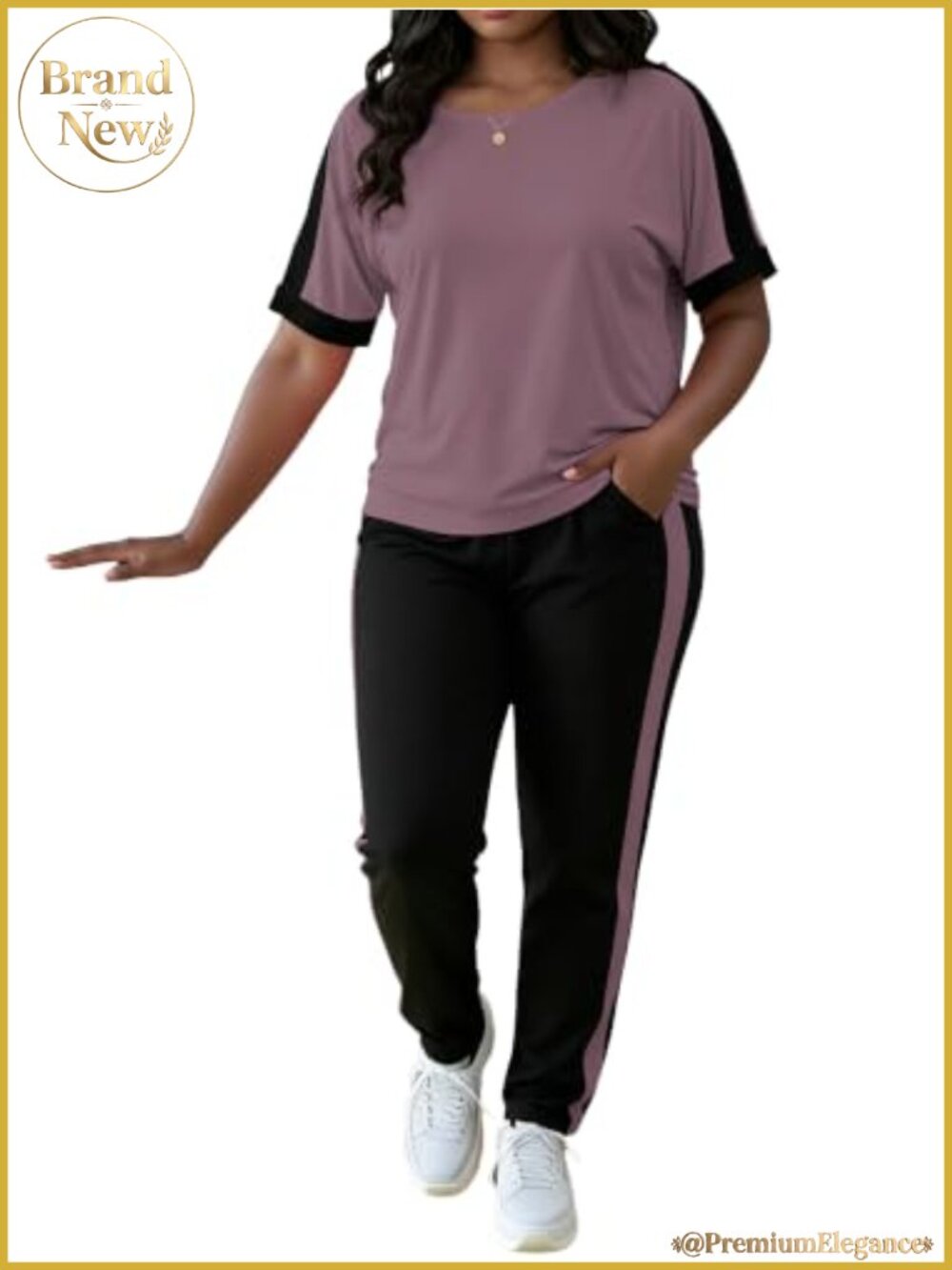 Women 2 Piece Sweatsuit Color Block Jogger Set Short Sleeve
